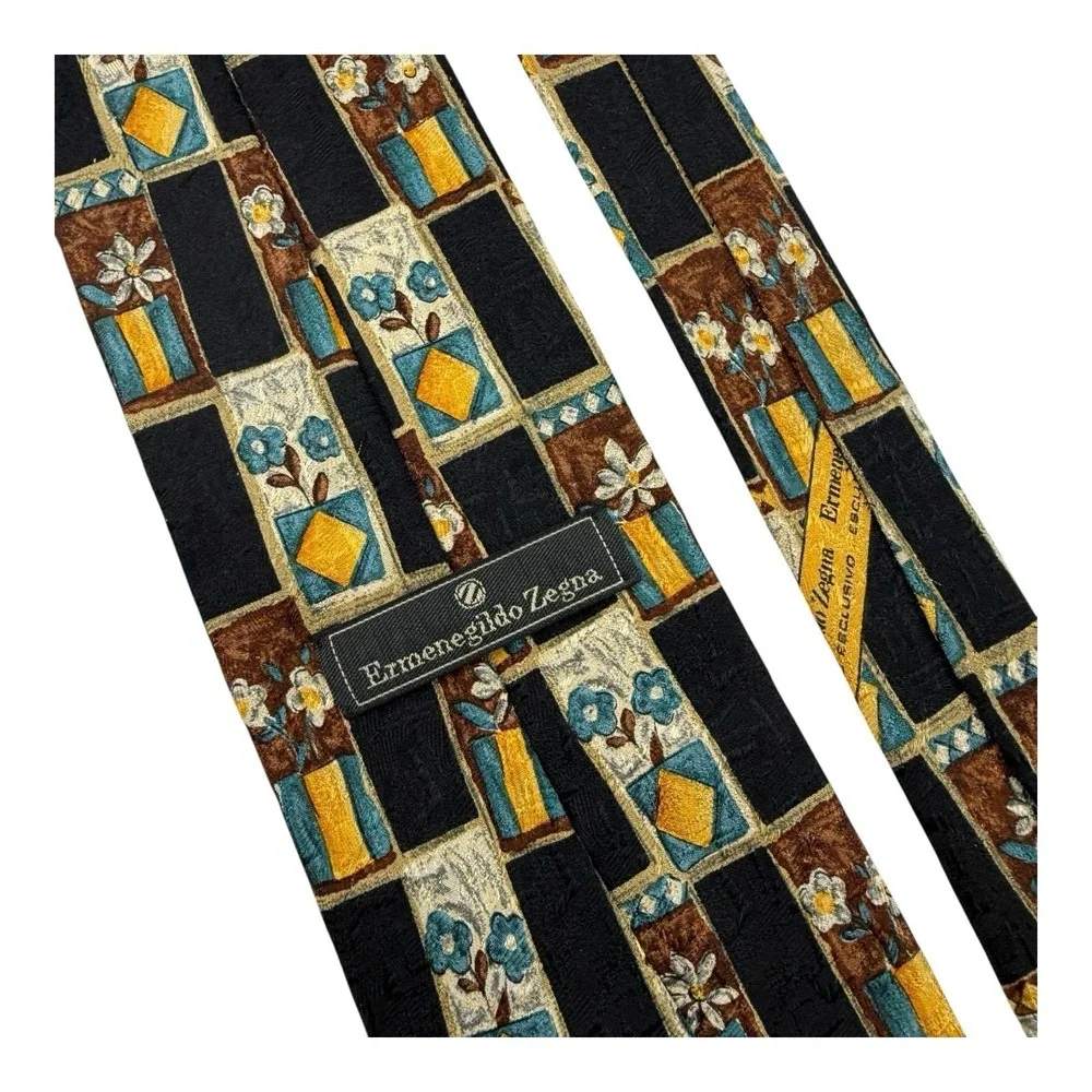 Ermenegildo Zegna‎ Black Silk Tie Potted Flowers Print 3.5x58 Made in Italy